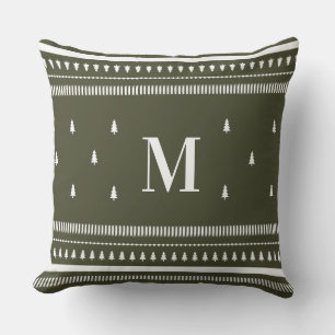 Coussin Arbres de Noël nordiques et monogrammes verts