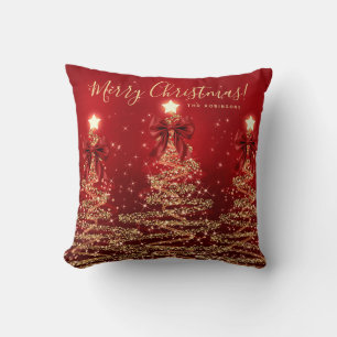 Coussin Arbres de Noël rouges dorés de fête avec nom