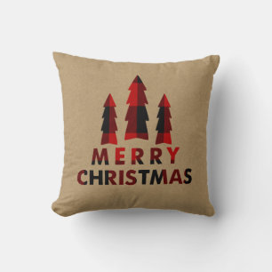 Coussin Arbres de Noël rustiques joyeux plaid rouge de buf