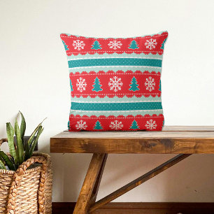Coussin Arbres de Noël Snowflakes Rouge Turquoise Motif