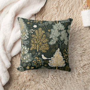 Coussin Arbres de Noël vintage boho blanc vert or