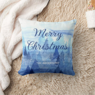 Coussin Arbres de pin aquarelle bleue Noël joyeux 