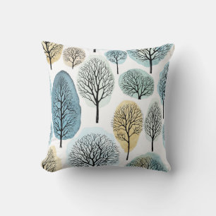 Coussin Arbres dessinés à la main, aquarelle tache motif.