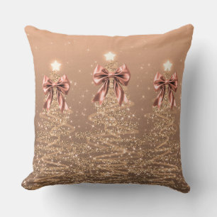 Coussin Arbres Étincelants de Noël Rose Gold avec Ruban Fa