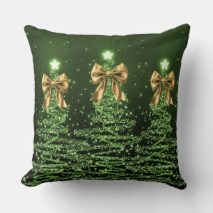 Coussin Arbres Étincelants de Noël Verts avec Nœud Doré Fa
