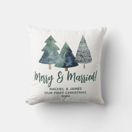 Coussin Arbres persistants Premier Noël Heureux & Mariés (Recto)