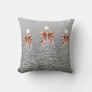Coussin Arbres scintillants de Noël argentés avec un nœud 