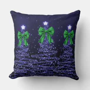 Coussin Arbres scintillants de Noël Navy avec nœud en faux