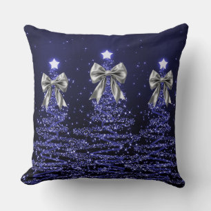Coussin Arbres scintillants de Noël Navy Faux Nœud Argenté