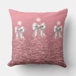 Coussin Arbres scintillants de Noël rose poudré avec ruban