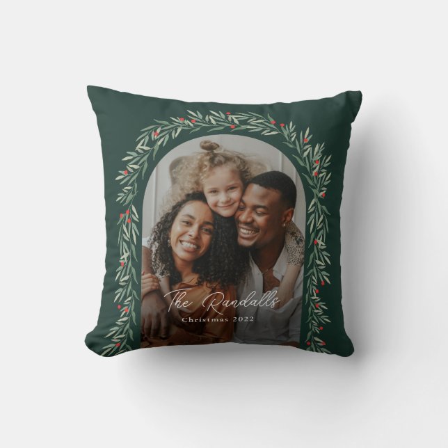Coussin Arc de verdure Script moderne Photo Noël (Recto)