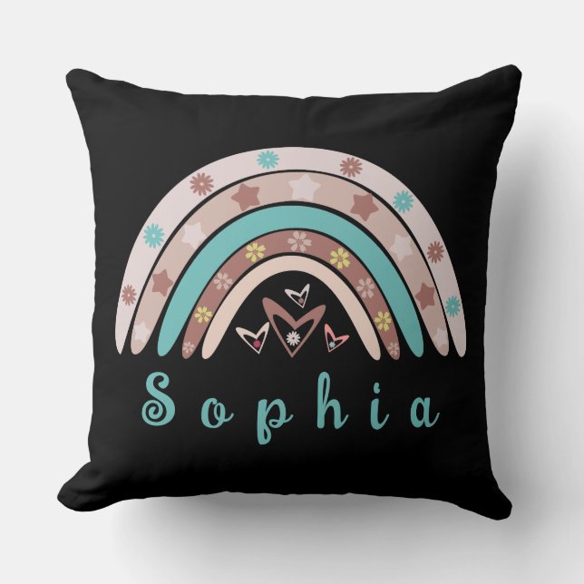 Coussin Arc-en-ciel branché Boho avec nom personnalisé (Recto)