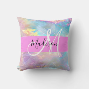 Coussin Arc-en-ciel girly holographique iridescent monogra