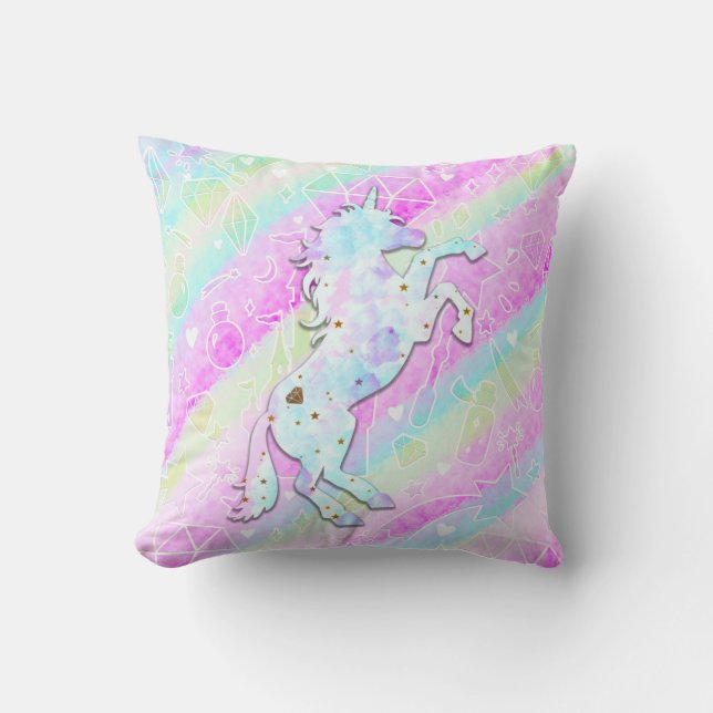 Coussin Arc-en-ciel pastel Diamants & Étoiles Licorne Magi (Recto)