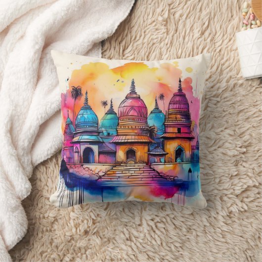 Coussin Architecture de Temple Vibrant - Aquarelle (Couverture)