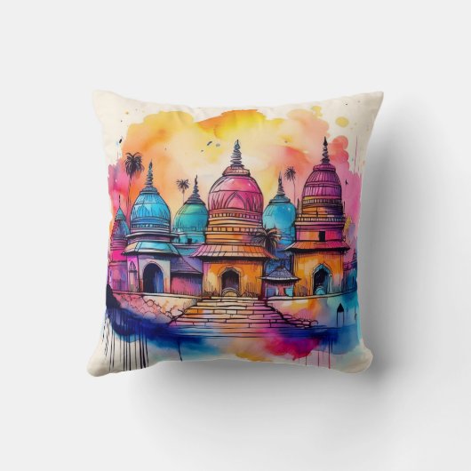 Coussin Architecture de Temple Vibrant - Aquarelle (Verso)