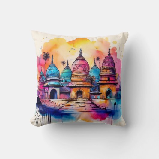 Coussin Architecture de Temple Vibrant - Aquarelle (Recto)