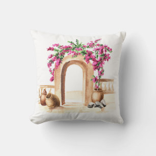 Coussin Architecture méditerranéenne, fleurs, aquarelle, h