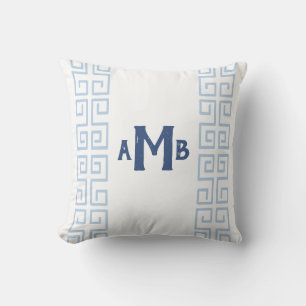 Coussin Ardoise Bleu Chinoiserie Clé Grecque Bande Monogra