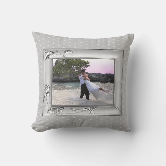 Coussin Argent avec cadre de fleurs Points gris Photo pers (Recto)