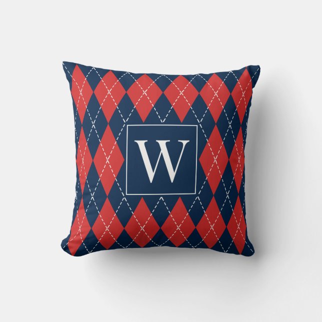 Coussin Argyle à broderie manuelle Prépa – Rouge Blanc & M (Recto)
