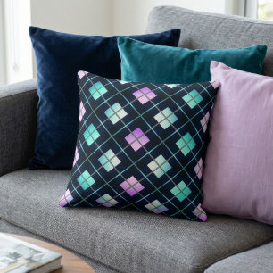Coussin Argyle noir, bleu et rose de style rétro sci-fi de