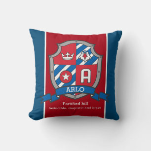 Coussin Arlo nom signifiant bouclier rouge bleu oiseau cou