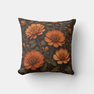 Coussin Arrière - plan brun foncé et fleurs orangées brûlé