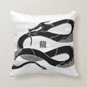 Coussin Arrière - plan japonais noir de blanc de dragon