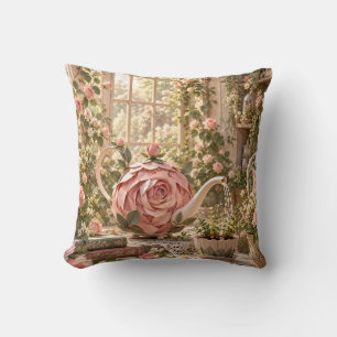 Coussin Arrosoir Rose Pâle Jardin de Cottage Romantique