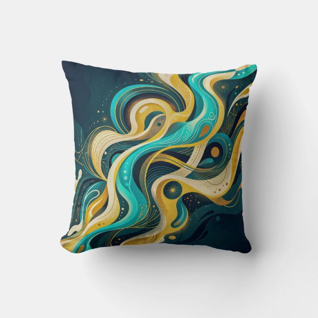 Coussin Art abstrait élégant sarcelle or flux (Recto)