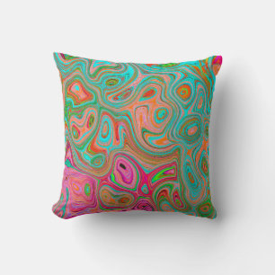 Coussin Art abstrait groovy rétro orange et aqua psychédél