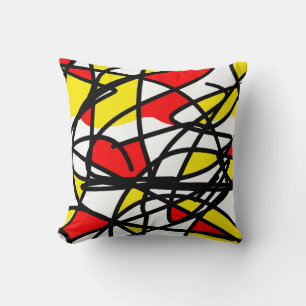 Coussin Art Abstrait Jaune Rouge Noir Blanc