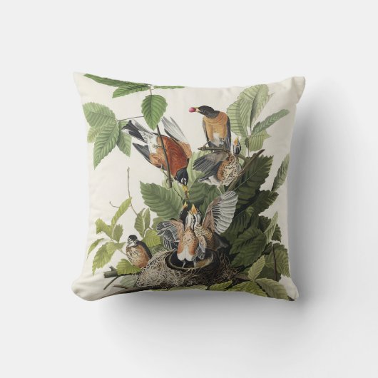 Coussin Art ancien nid d'oiseau Merle d'Amérique d'Audubon (Recto)