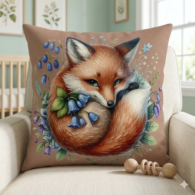 Coussin Art botanique du renard floral (Floral Fox Botanical Woodland Art Throw Pillow Mockup A)
