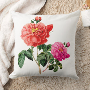 Coussin art botanique vintage fleurs de roses roses et rou