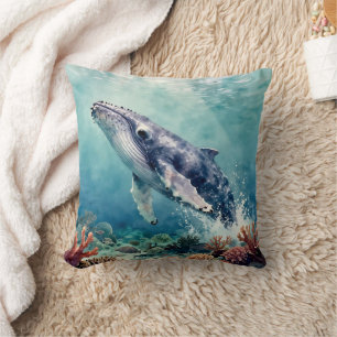 Coussin Art côtier aquarelle Baleine bleue océanique