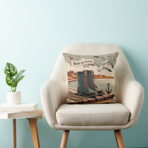 Coussin Art de bannière maritime vintage Saison des mers