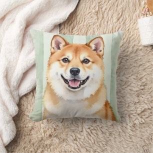 Coussin Art de compagnie Akita avec fond rayé aquarelle