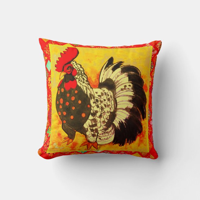 Coussin Art de coq avec bordure décorative rouge (Recto)