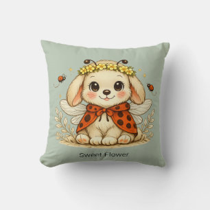 Coussin Art de couronne de fleurs de lapin fantaisiste vin