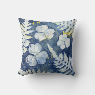Coussin Art de cyanotype de trèfle bleu et blanc