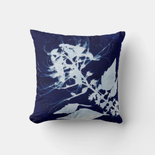 Coussin Art de cyanotype floral bleu et blanc
