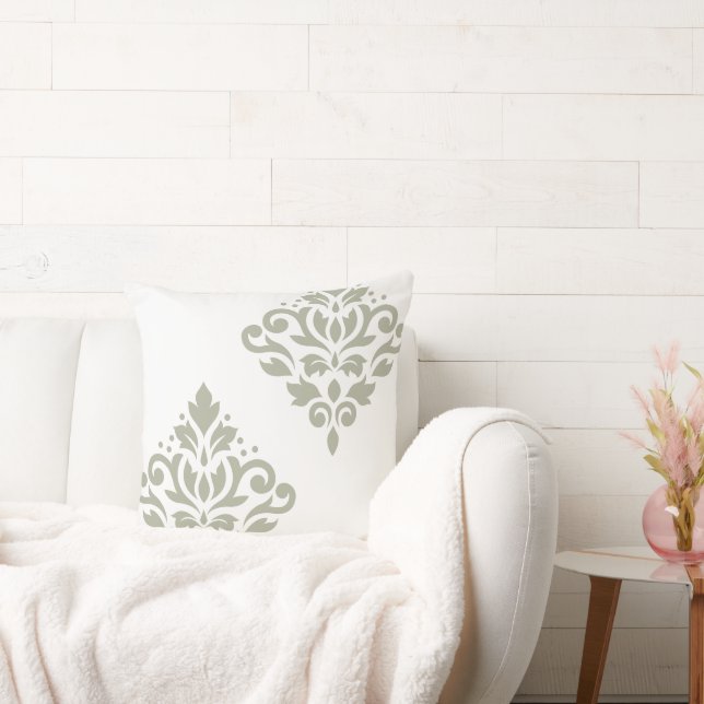 Coussin Art de Damas en rouleau I Vert sur Blanc (Canapé)