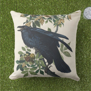 Coussin Art de la nature de l'oiseau corbeau Audubon vinta