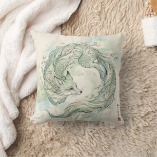 Coussin Art de l'aquarelle du renard dragon mystique (1)