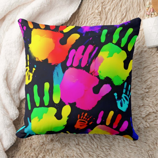 Coussin Art de l'empreinte de main néon vibrant (Couverture)