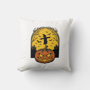 Coussin Art de l'épouvantail de lune de citrouille d'Hallo