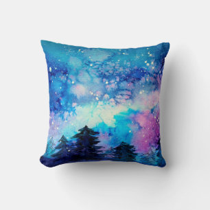 Coussin Art de l'espace à l'aquarelle avec ciel nocturne e