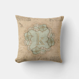 Coussin Art de mot lettre K vintage fait main vert or  